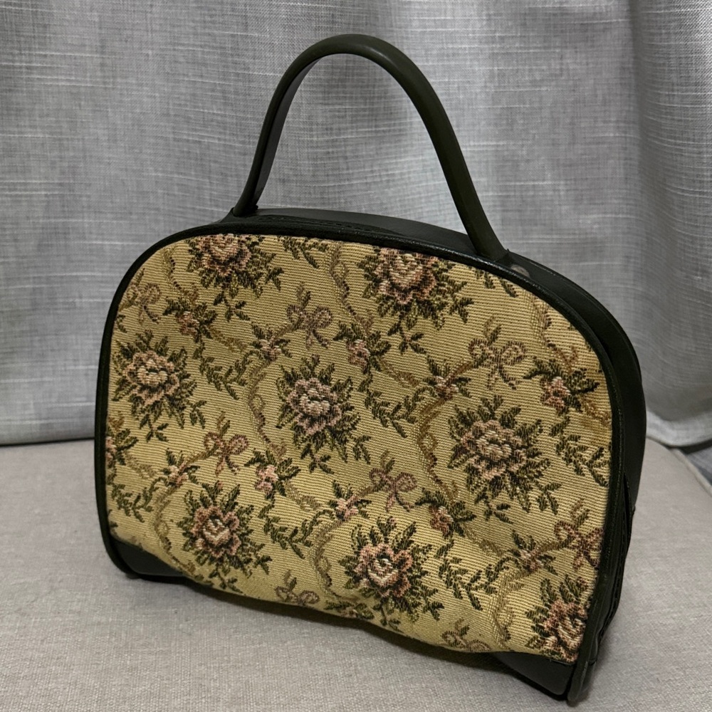 Vintage Avon “Tote Along” Bag-Dark Green PVC & Cloth Floral Tapestry-Zipper-EUC - Picture 2 of 16